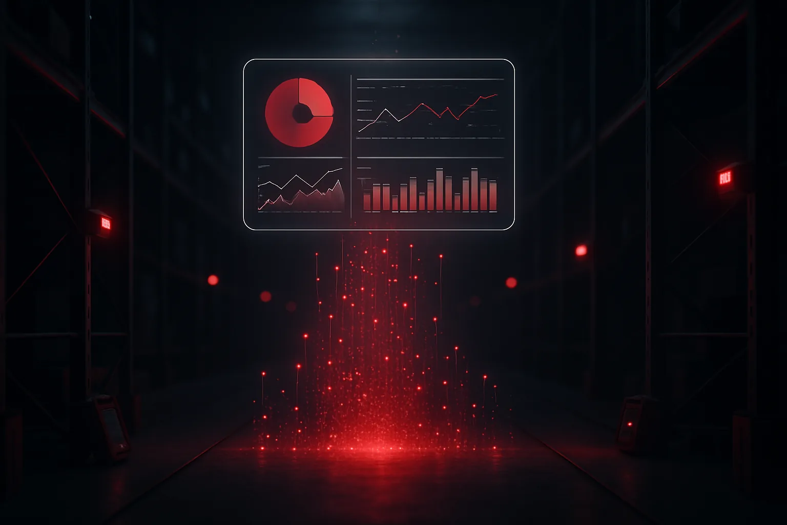 Data points rising from floor-level scanners and sensors up into a floating control dashboard