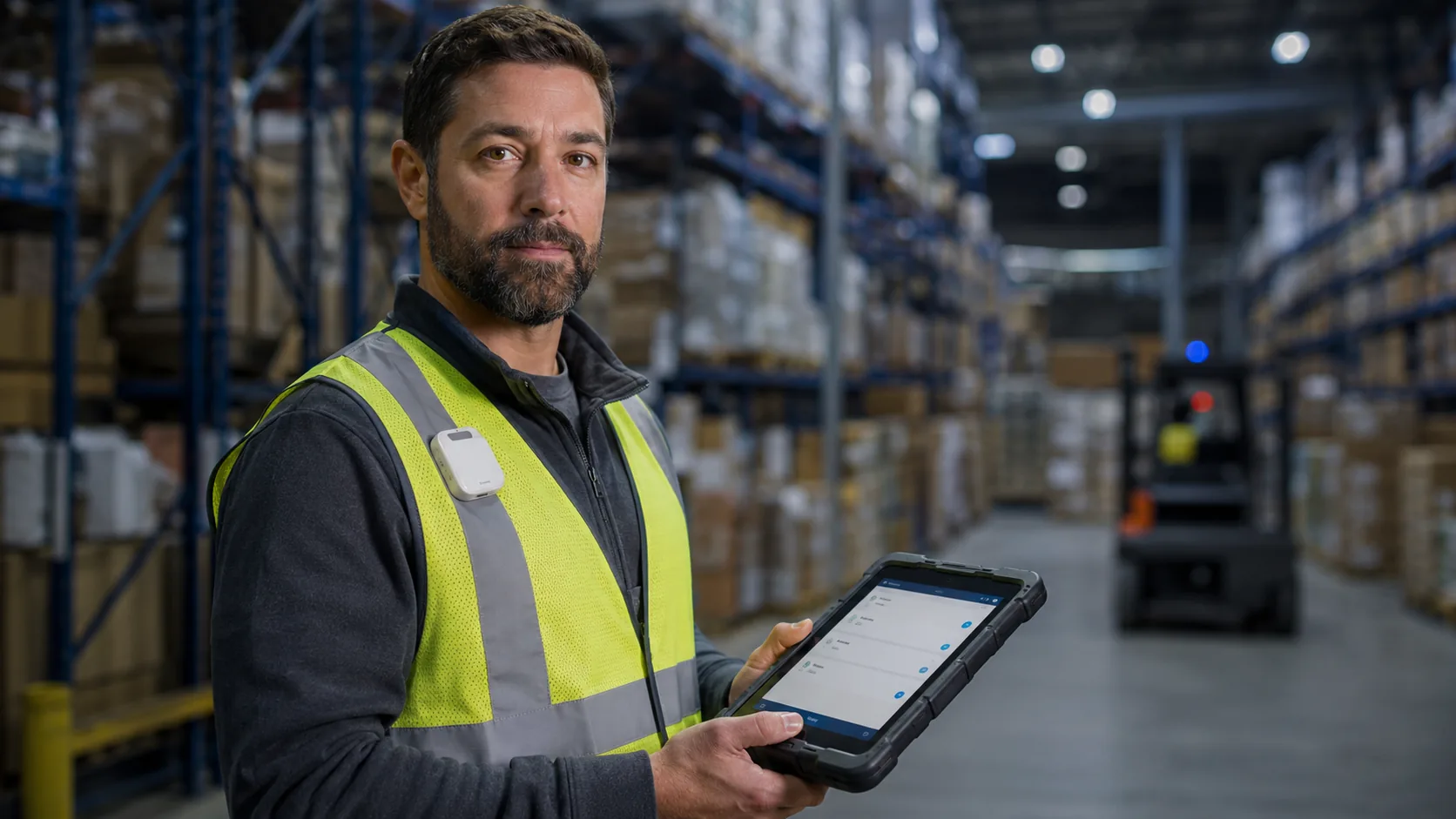 A connected frontline warehouse worker wearing a safety tag and carrying a rugged handheld