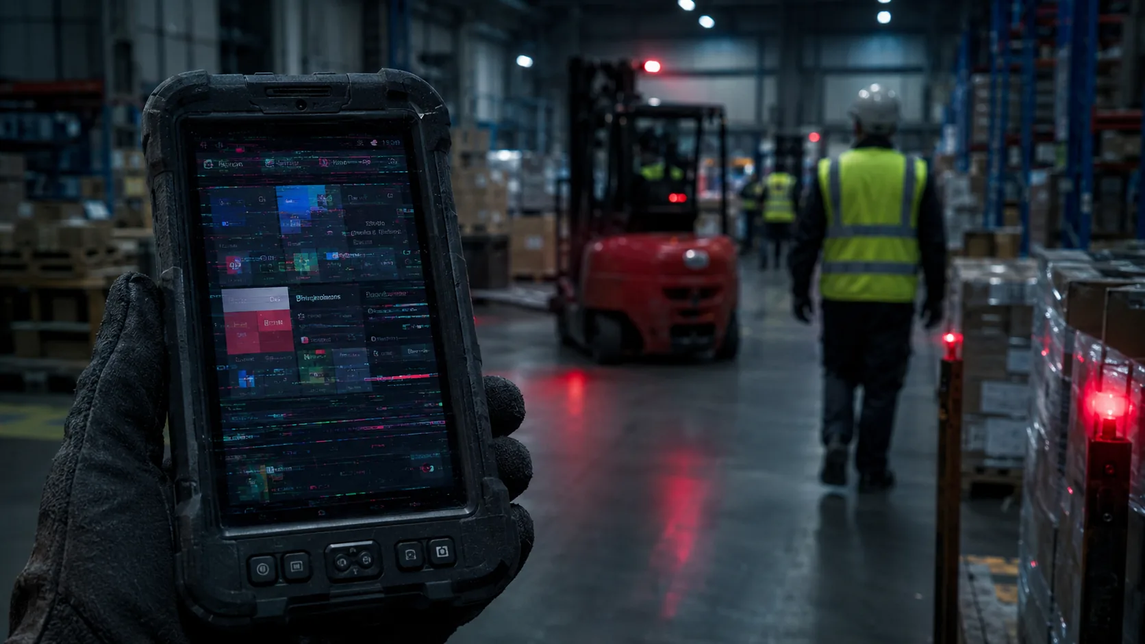 A busy warehouse floor where forklifts and workers share space and connectivity is unreliable