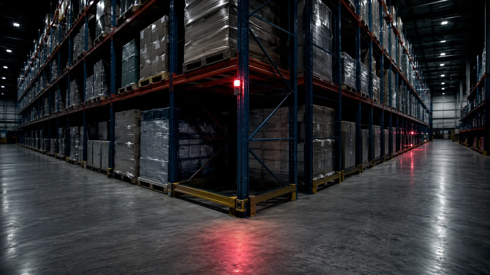 A blind aisle intersection in a warehouse with a zone beacon