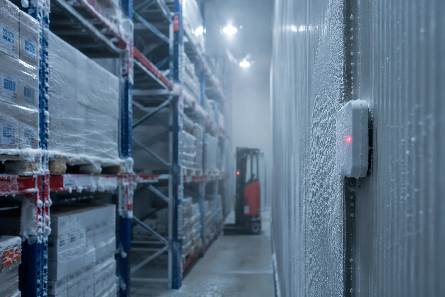 Frozen-storage room with a wall-mounted environmental sensor