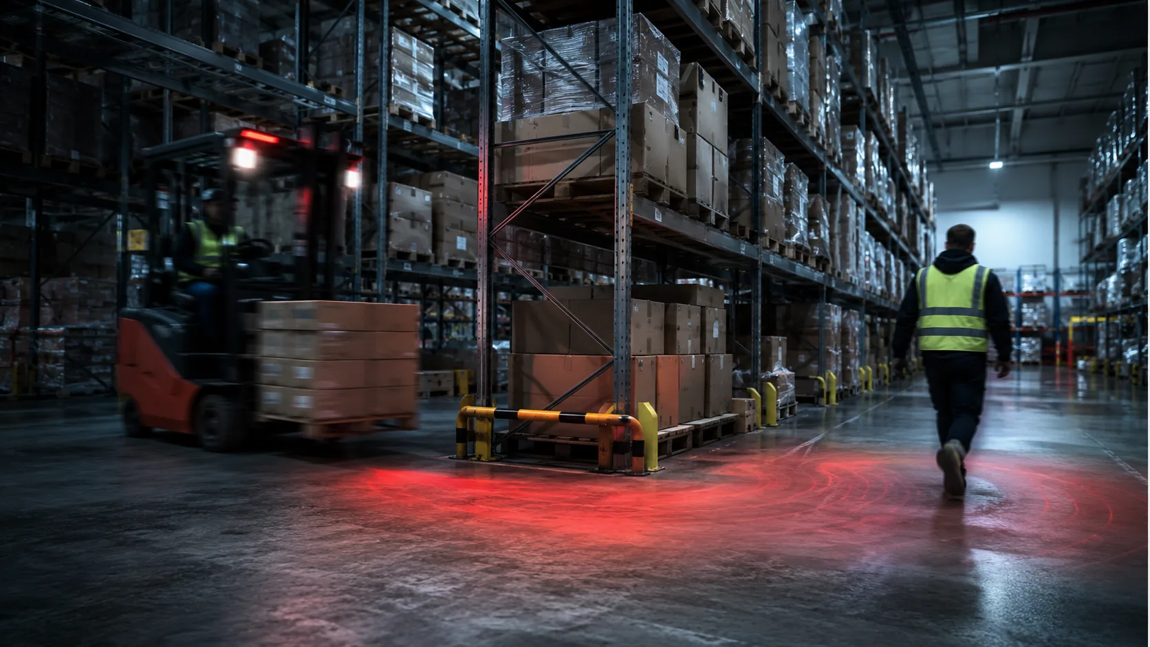 Forklift and pedestrian approaching at a blind warehouse corner with a proximity warning