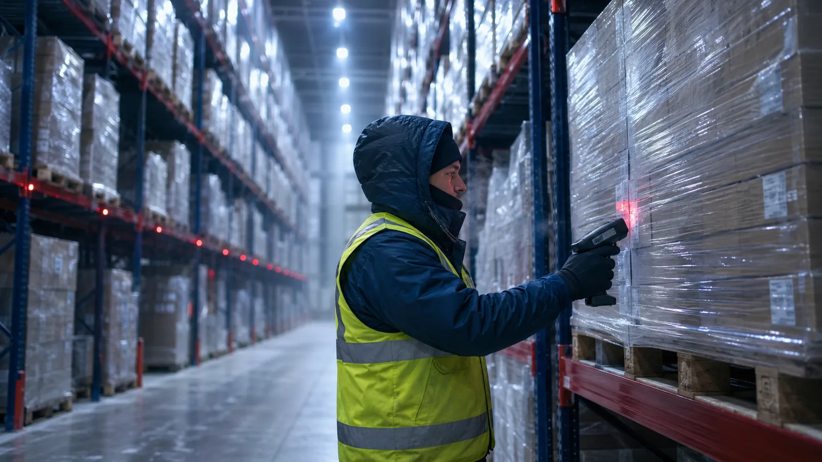 Worker scanning a label deep in a tall cold-storage aisle with strong signal