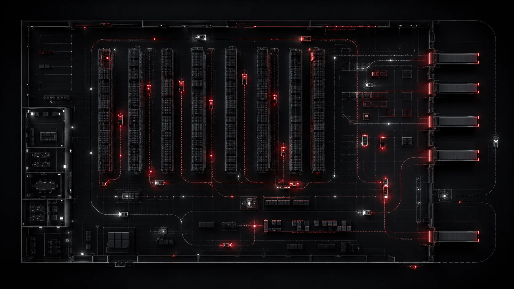 Top-down warehouse map with live dots for forklifts and assets