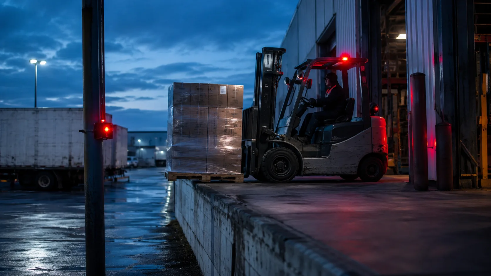 Forklift working near a loading dock edge and trailer yard at dusk
